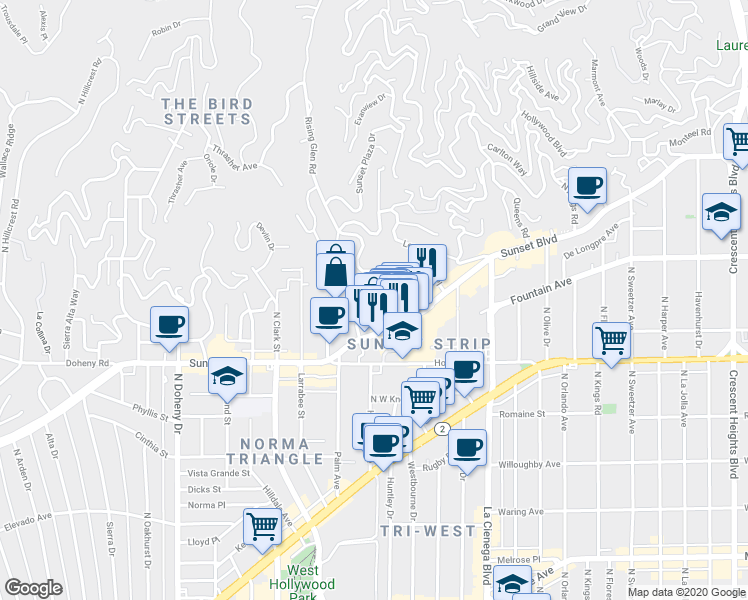 map of restaurants, bars, coffee shops, grocery stores, and more near 8727 Shoreham Drive in West Hollywood