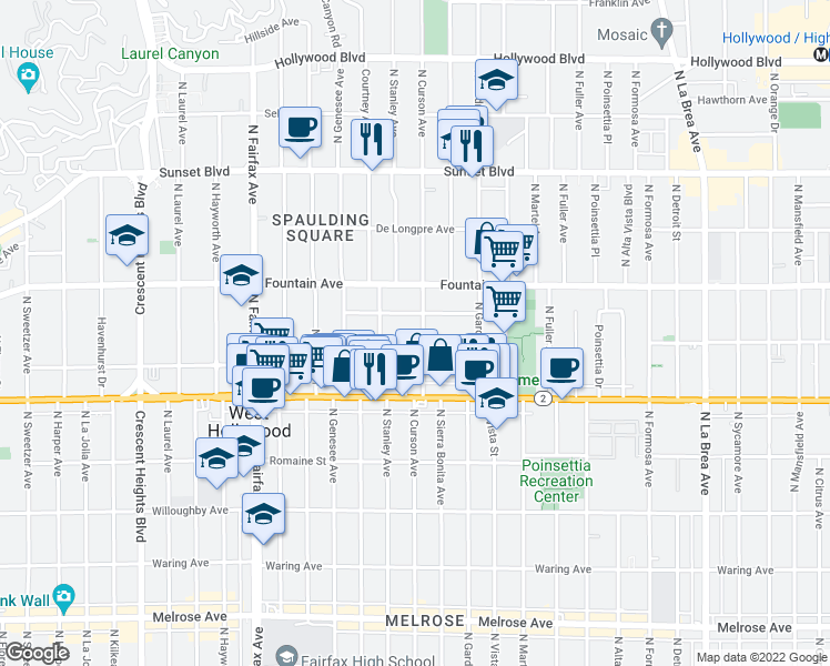 map of restaurants, bars, coffee shops, grocery stores, and more near 7605 Lexington Avenue in Los Angeles