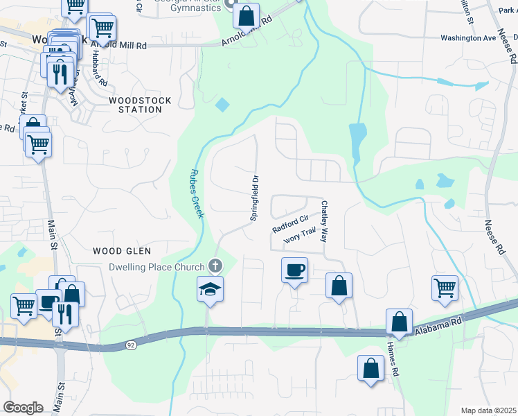 map of restaurants, bars, coffee shops, grocery stores, and more near 448 Springfield Drive in Woodstock