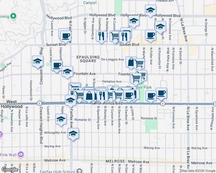 map of restaurants, bars, coffee shops, grocery stores, and more near 7630 Hampton Avenue in Los Angeles