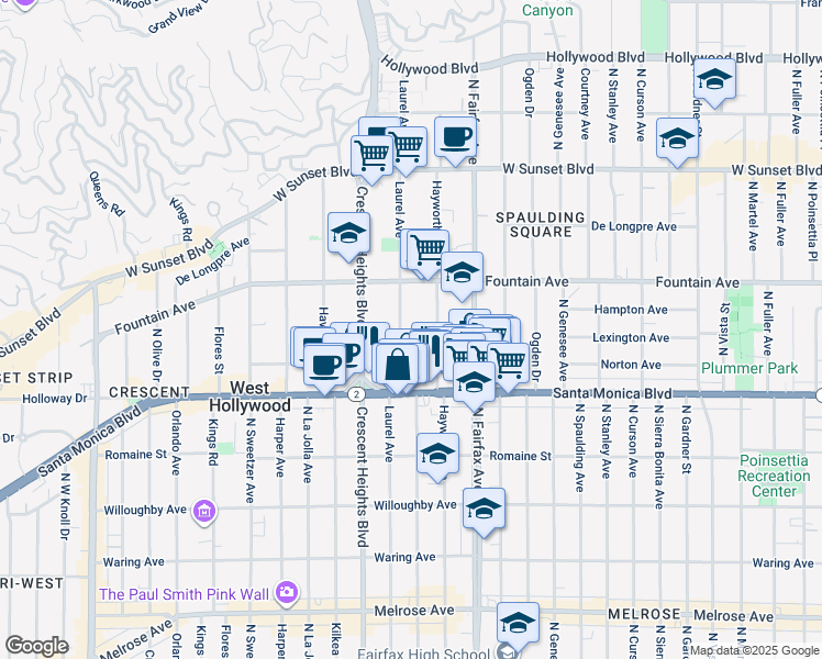map of restaurants, bars, coffee shops, grocery stores, and more near 1234 Laurel Avenue in West Hollywood