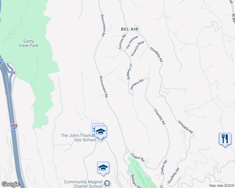 map of restaurants, bars, coffee shops, grocery stores, and more near 1268 Roscomare Road in Los Angeles