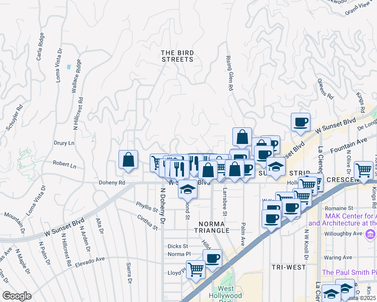 map of restaurants, bars, coffee shops, grocery stores, and more near 8954 Saint Ives Drive in Los Angeles