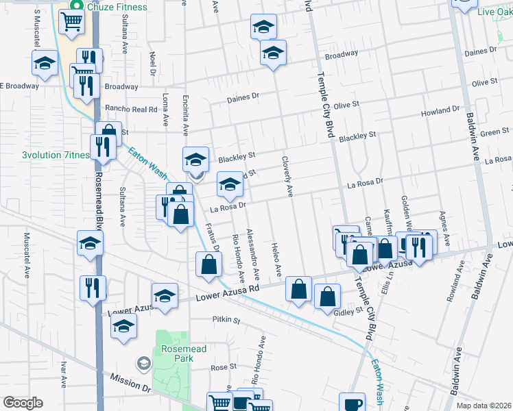 map of restaurants, bars, coffee shops, grocery stores, and more near 9406 La Rosa Drive in Temple City