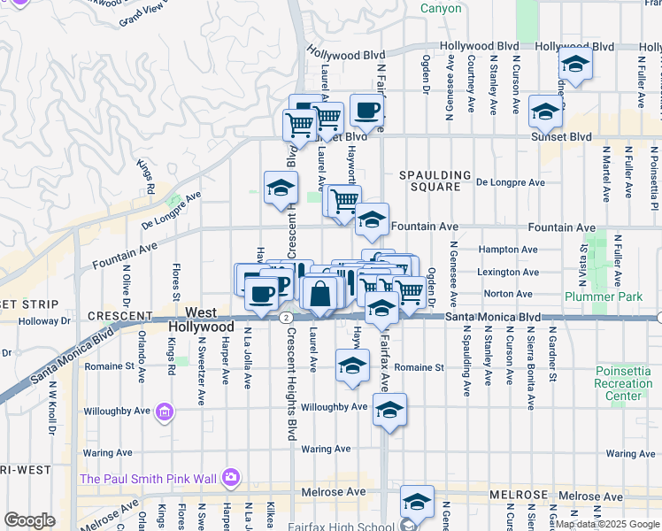 map of restaurants, bars, coffee shops, grocery stores, and more near 1234 Laurel Avenue in West Hollywood