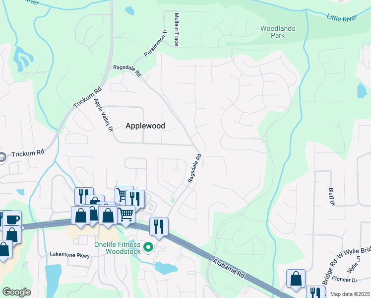 map of restaurants, bars, coffee shops, grocery stores, and more near 162 Apple Valley Drive in Woodstock