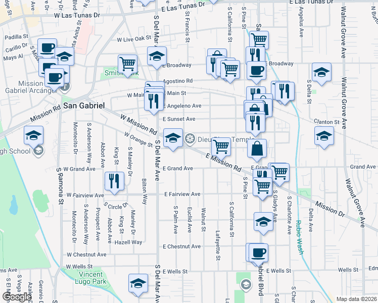 map of restaurants, bars, coffee shops, grocery stores, and more near 317 Pearl Street in San Gabriel
