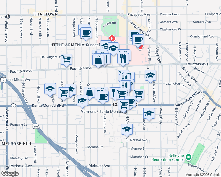 map of restaurants, bars, coffee shops, grocery stores, and more near 1167 North Berendo Street in Los Angeles