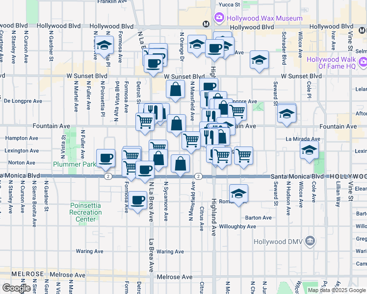 map of restaurants, bars, coffee shops, grocery stores, and more near 1206 North Orange Drive in Los Angeles