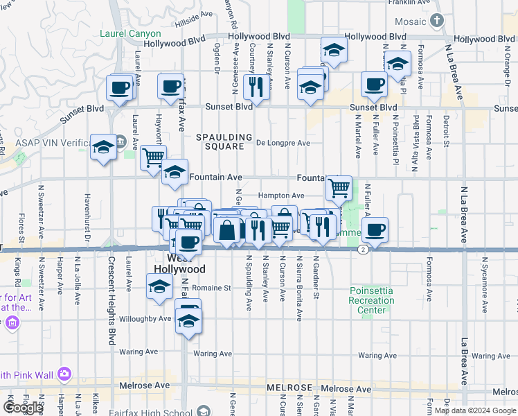 map of restaurants, bars, coffee shops, grocery stores, and more near 7701 Lexington Avenue in West Hollywood