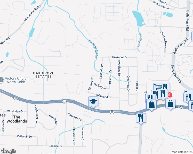map of restaurants, bars, coffee shops, grocery stores, and more near 1497 Dogwood Lane in Acworth