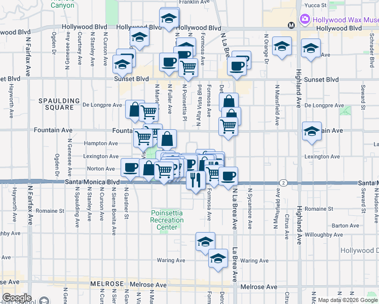 map of restaurants, bars, coffee shops, grocery stores, and more near 1231 Poinsettia Drive in West Hollywood