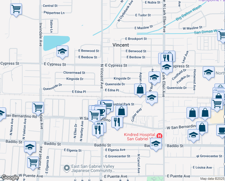 map of restaurants, bars, coffee shops, grocery stores, and more near 16539 East Edna Place in Covina