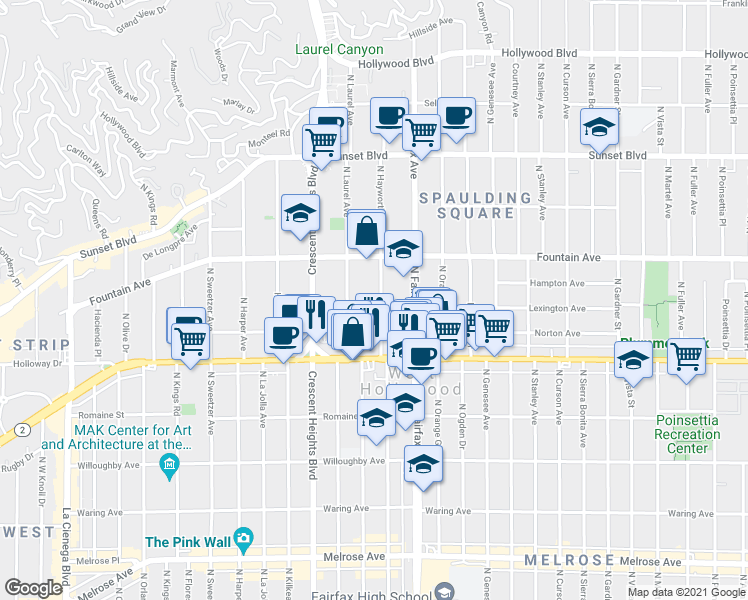 map of restaurants, bars, coffee shops, grocery stores, and more near 1235 North Hayworth Avenue in West Hollywood