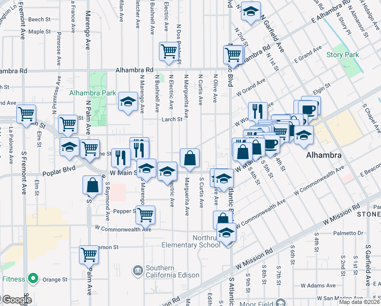 map of restaurants, bars, coffee shops, grocery stores, and more near 115 North Marguerita Avenue in Alhambra