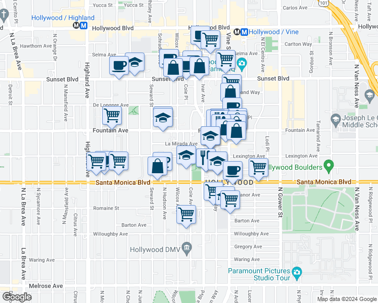 map of restaurants, bars, coffee shops, grocery stores, and more near 1211 Cole Avenue in Los Angeles