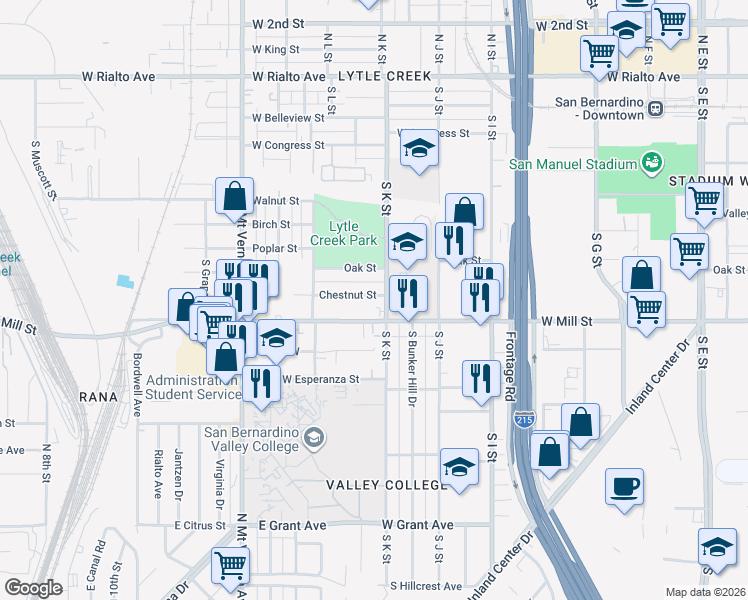 map of restaurants, bars, coffee shops, grocery stores, and more near 1108 Chestnut Street in San Bernardino