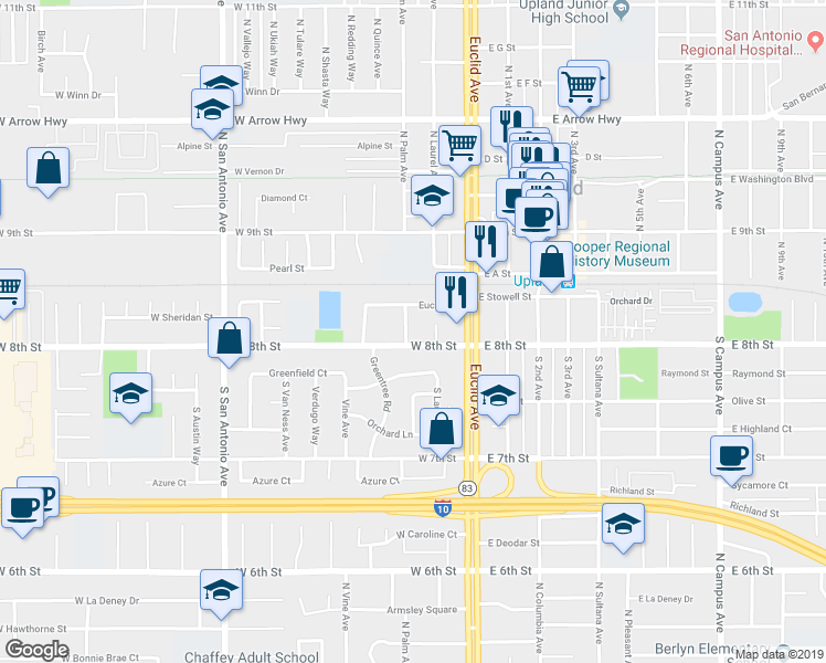map of restaurants, bars, coffee shops, grocery stores, and more near 157 South Palm Avenue in Upland