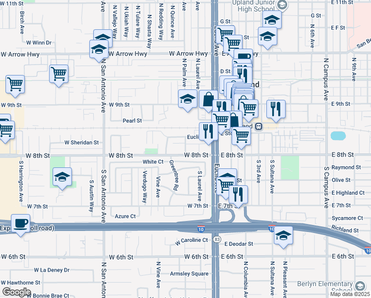 map of restaurants, bars, coffee shops, grocery stores, and more near 157 South Palm Avenue in Upland