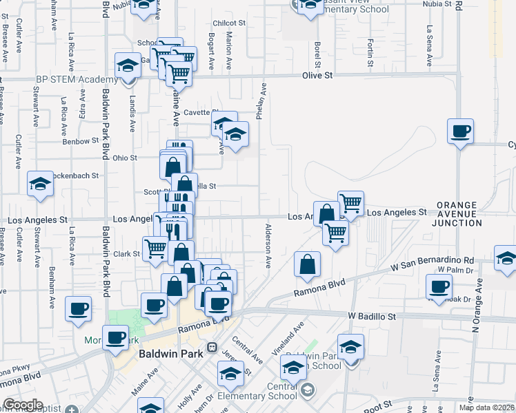 map of restaurants, bars, coffee shops, grocery stores, and more near 14632 Estella Street in Baldwin Park
