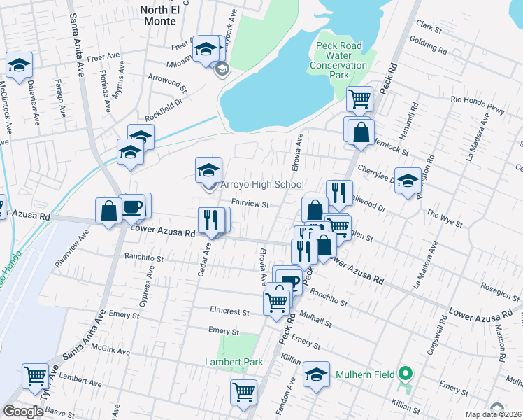 map of restaurants, bars, coffee shops, grocery stores, and more near 11407 Fairview Street in El Monte