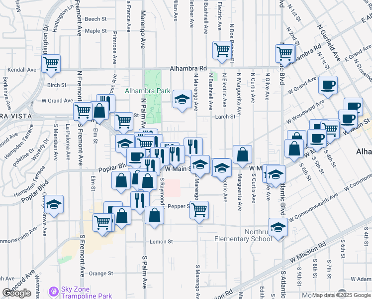 map of restaurants, bars, coffee shops, grocery stores, and more near 1719 Vine Street in Alhambra