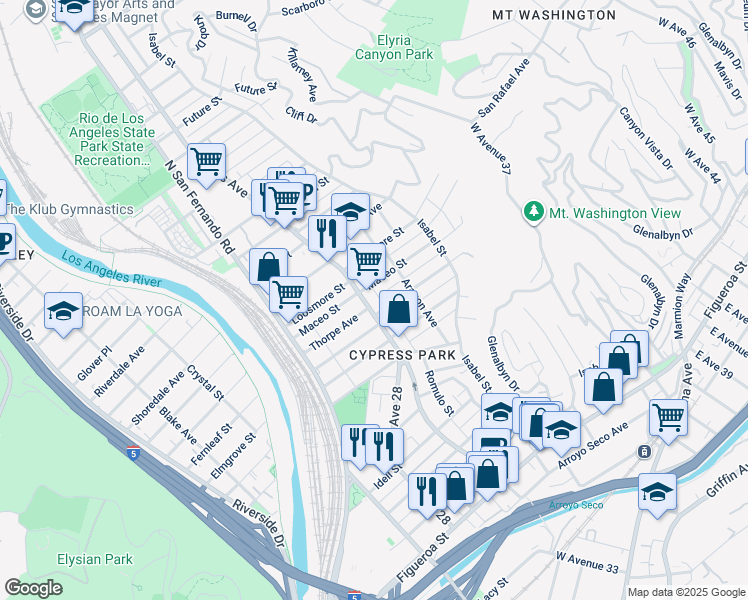 map of restaurants, bars, coffee shops, grocery stores, and more near 3330 Maceo Street in Los Angeles
