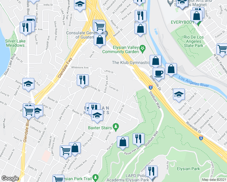 map of restaurants, bars, coffee shops, grocery stores, and more near 1555 Altivo Way in Los Angeles