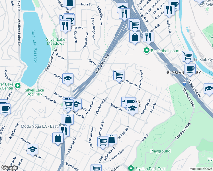 map of restaurants, bars, coffee shops, grocery stores, and more near 2103 Oak Glen Place in Los Angeles