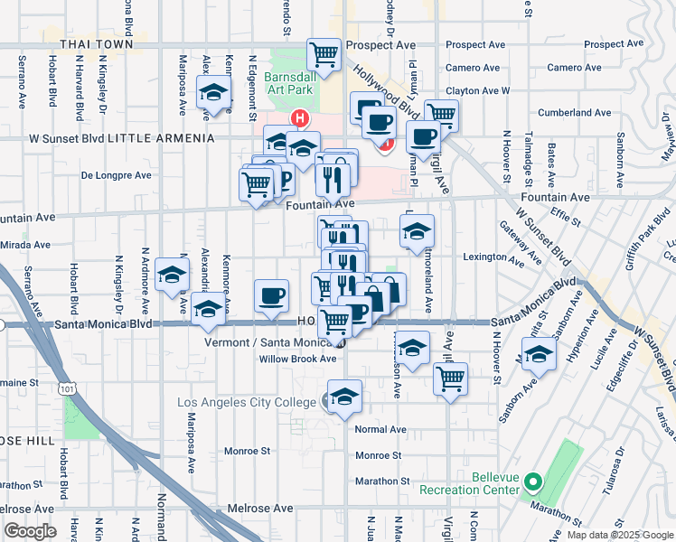 map of restaurants, bars, coffee shops, grocery stores, and more near 1211 North Vermont Avenue in Los Angeles