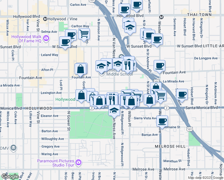 map of restaurants, bars, coffee shops, grocery stores, and more near 5752 La Mirada Avenue in Los Angeles