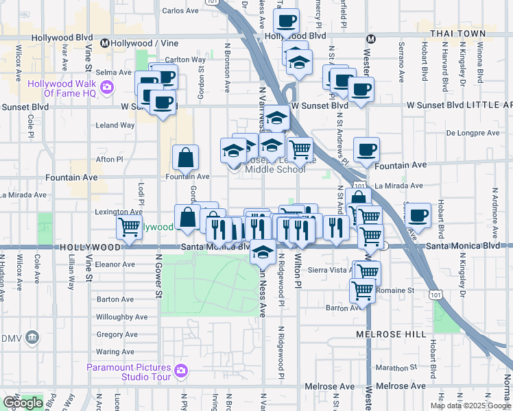 map of restaurants, bars, coffee shops, grocery stores, and more near 5752 La Mirada Avenue in Los Angeles