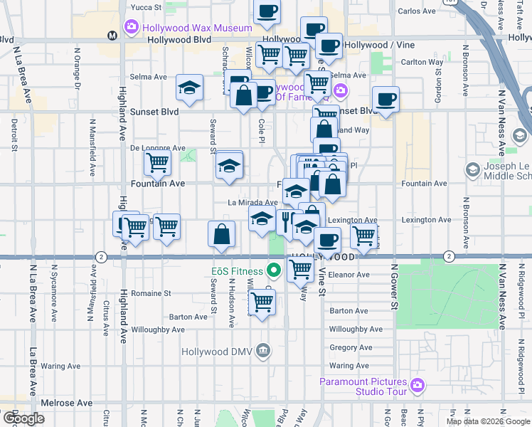 map of restaurants, bars, coffee shops, grocery stores, and more near 1211 Cole Avenue in Los Angeles