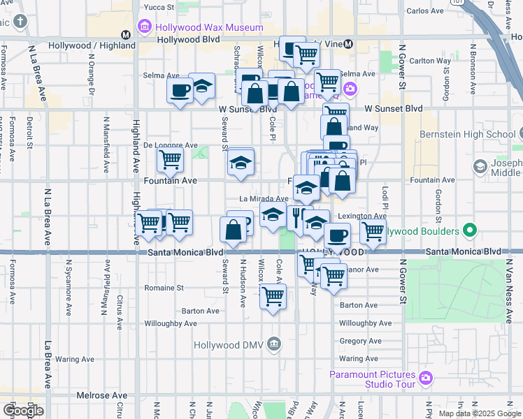 map of restaurants, bars, coffee shops, grocery stores, and more near 2 Cole Place in Los Angeles