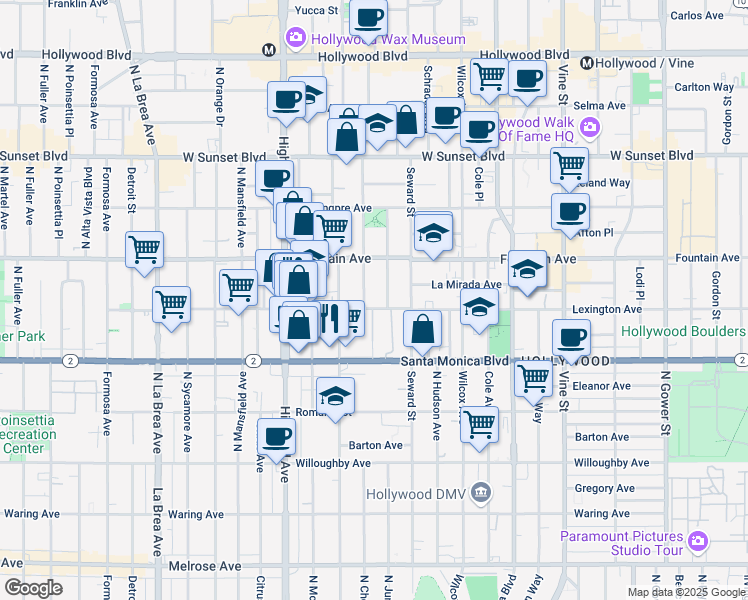 map of restaurants, bars, coffee shops, grocery stores, and more near 1234 North Cherokee Avenue in Los Angeles