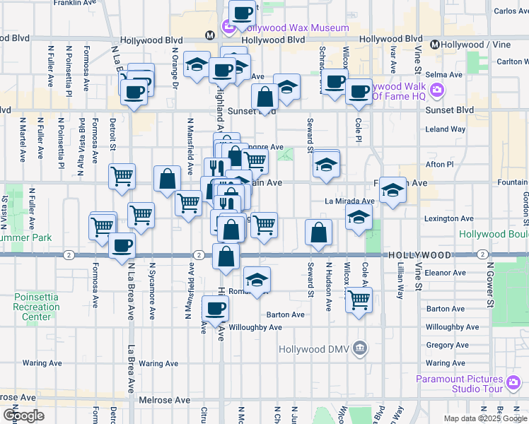 map of restaurants, bars, coffee shops, grocery stores, and more near 1231 North Las Palmas Avenue in Los Angeles