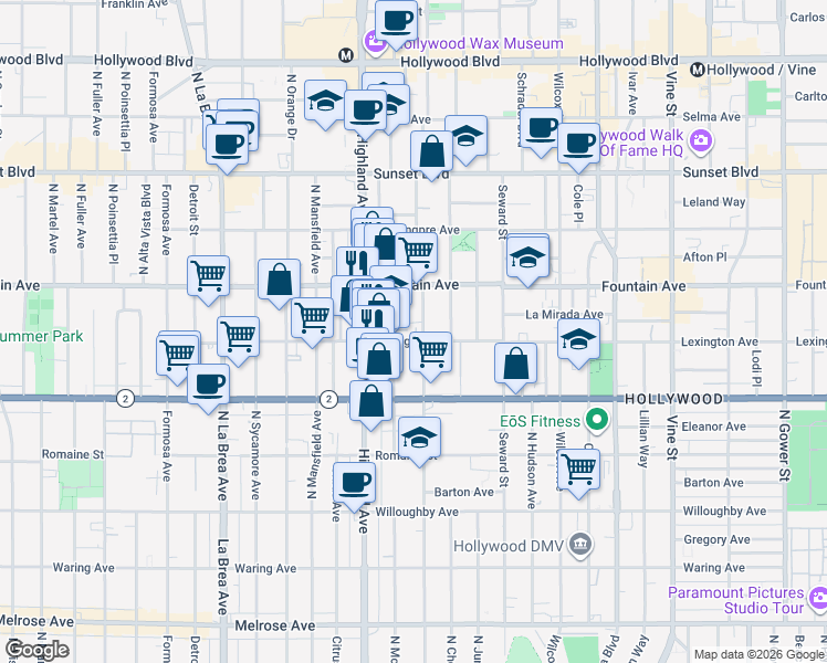 map of restaurants, bars, coffee shops, grocery stores, and more near 1231 North Las Palmas Avenue in Los Angeles