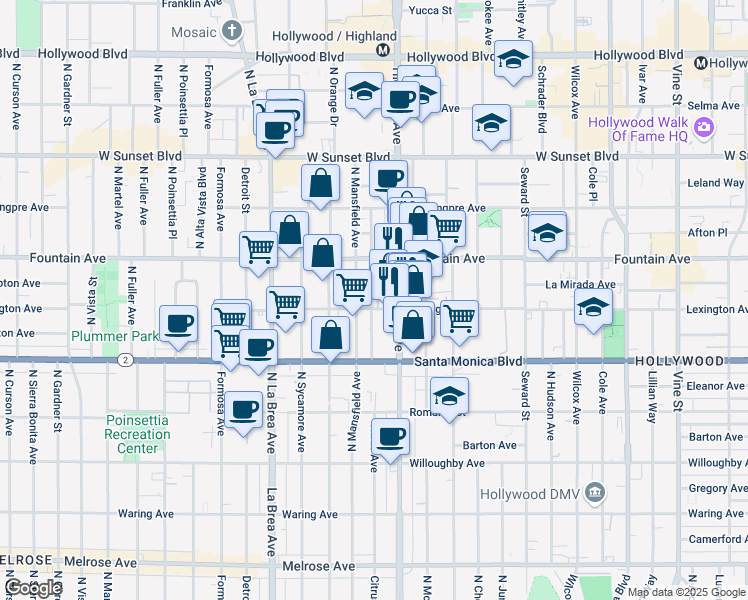 map of restaurants, bars, coffee shops, grocery stores, and more near 1229 North Citrus Avenue in Los Angeles
