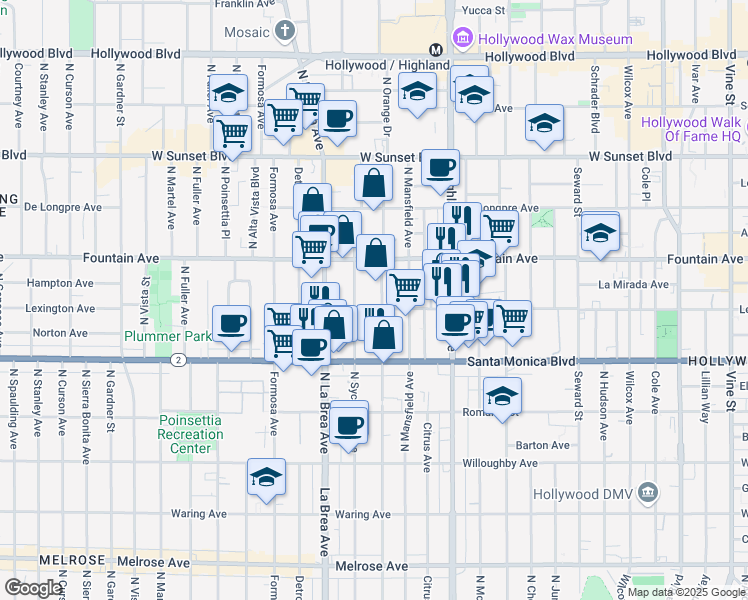 map of restaurants, bars, coffee shops, grocery stores, and more near 1232 North Sycamore Avenue in Los Angeles