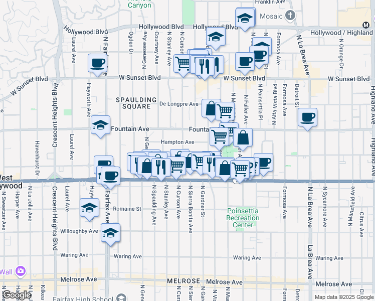 map of restaurants, bars, coffee shops, grocery stores, and more near 7548 Hampton Avenue in West Hollywood