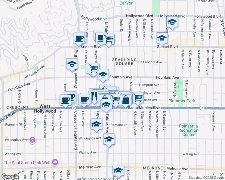 map of restaurants, bars, coffee shops, grocery stores, and more near 1221 North Orange Grove Avenue in West Hollywood