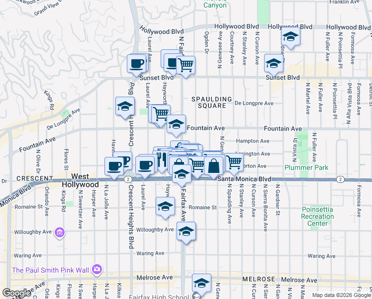 map of restaurants, bars, coffee shops, grocery stores, and more near 1223 North Orange Grove Avenue in West Hollywood