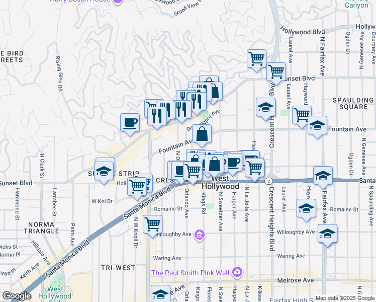 map of restaurants, bars, coffee shops, grocery stores, and more near 1264 North Kings Road in West Hollywood