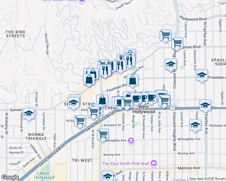 map of restaurants, bars, coffee shops, grocery stores, and more near 1307 North Olive Drive in West Hollywood