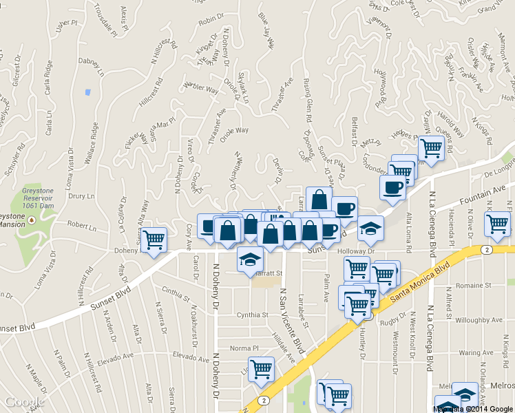 map of restaurants, bars, coffee shops, grocery stores, and more near 8929 Saint Ives Drive in Los Angeles