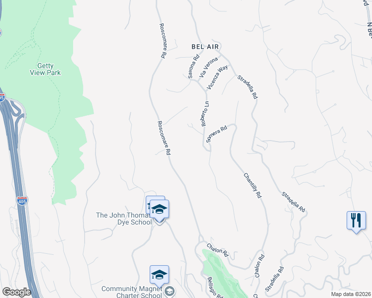 map of restaurants, bars, coffee shops, grocery stores, and more near 1268 Roscomare Road in Los Angeles
