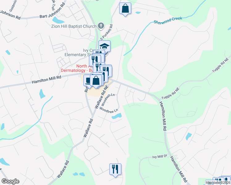 map of restaurants, bars, coffee shops, grocery stores, and more near 3392 Woodash Lane in Buford