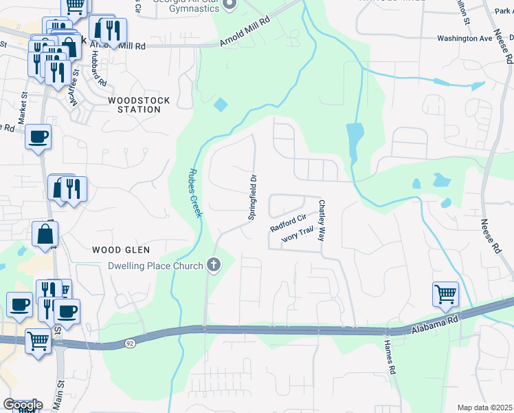 map of restaurants, bars, coffee shops, grocery stores, and more near 448 Springfield Drive in Woodstock