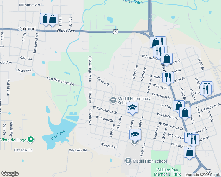 map of restaurants, bars, coffee shops, grocery stores, and more near 110 Sunset Drive in Madill