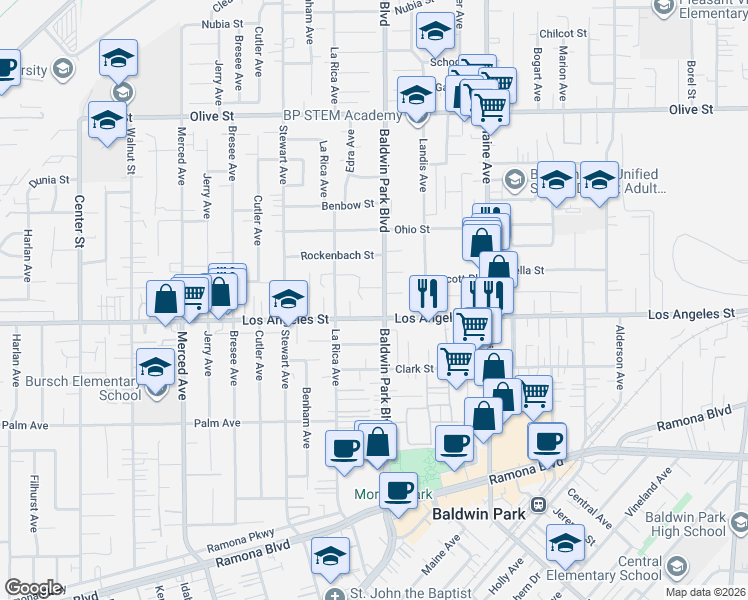 map of restaurants, bars, coffee shops, grocery stores, and more near 4442 Edra Avenue in Baldwin Park